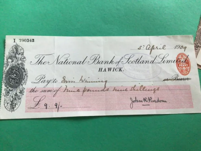 The National Bank of Scotland Hawick  1909 Cheque  A12068