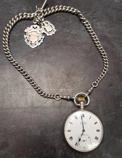 ANTIQUE SILVER KAY'S Keyless Triumph Pocket Watch silver chain