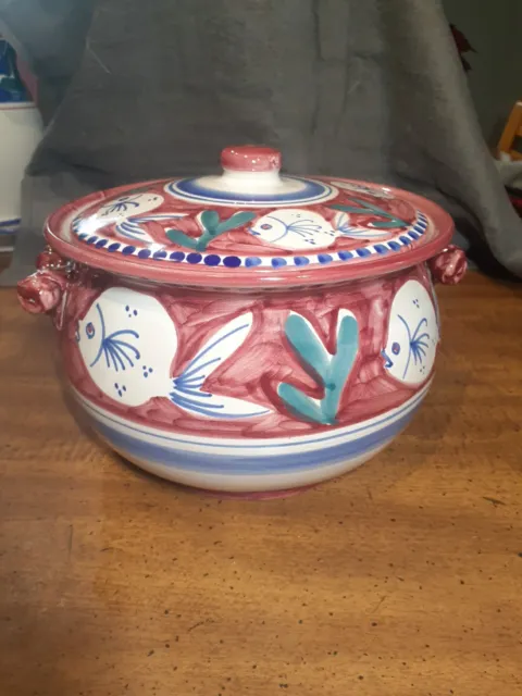 New Solimene Campagna Vietri Italy Fish Red Soup Tureen With Lid Pot Beautiful