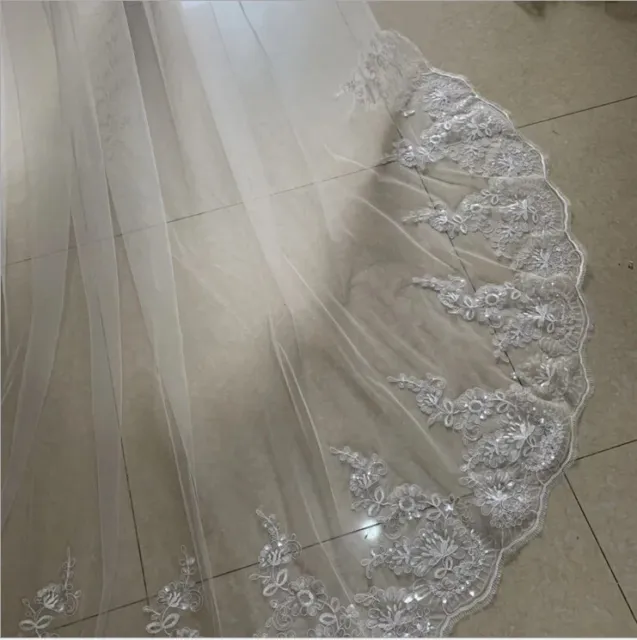 White Ivory Cathedral Wedding Dress with Long Lace Edge Bridal Veil Comb Style 3