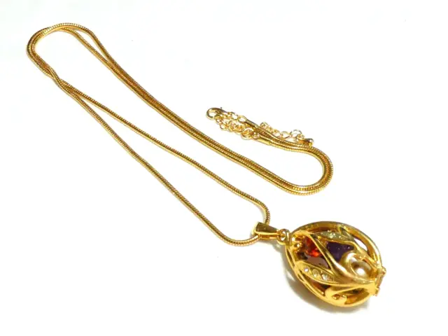 Joan Rivers Gold Plated Long Snake Chain Openwork Floral Enamel Egg PENDANT