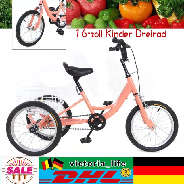 Kinder Dreirad 16-zoll 3 Rad Fahrrad 1 Gänge Cruiser Bike Großem Korb 7-10 Jahre