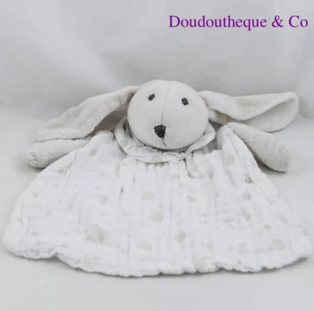 Doudou plat lapin ATMOSPHERA KIDS tissu blanc lange pois beige gris 23 cm (CEMO)