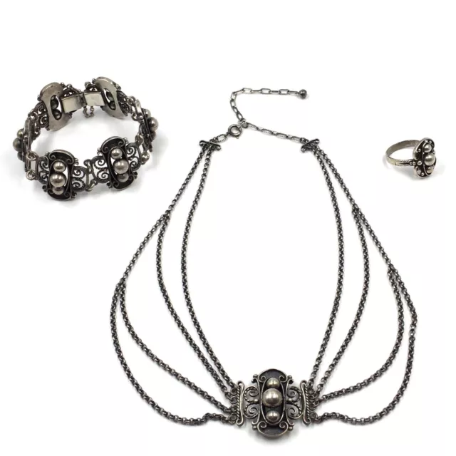 835 Silber Schmuckset 3 Teile Trachten Schmuck Collier Armband Ring Halskette