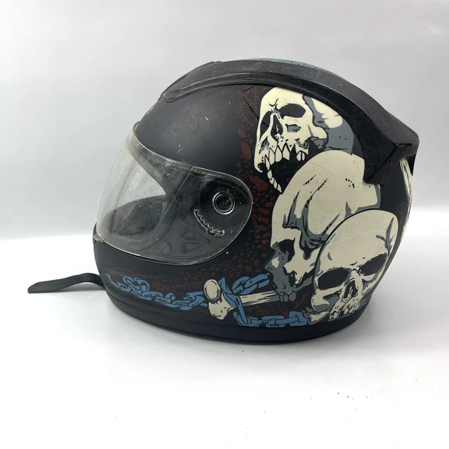 TMS Motorcycle Carbon Black Graphic Helmet Pile of Skulls Biker Men's Size L