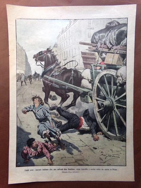 Retrocopertina Domenica Corriere nr. 16 del 1909 Operaio Italiano Carro a Nizza