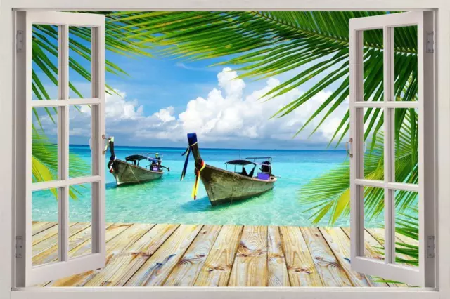 Exotic Beach Docking Boats 3D Window Decal Wall Sticker Decor Art DIY H731