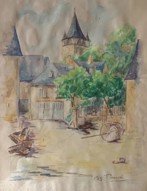 Peinture Aquarelle Tableau Cadre Ancien Vintage Paysage Clocher Village Signé