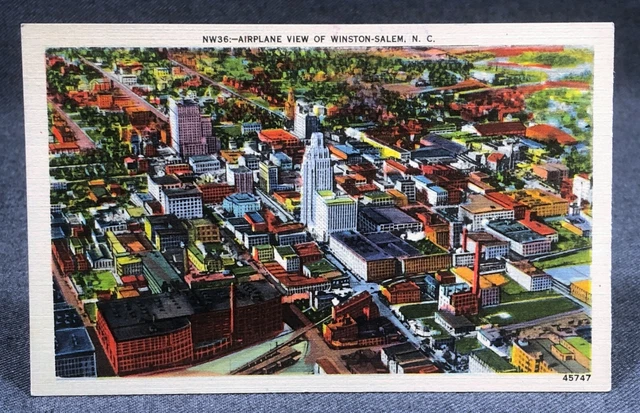 Airplane View of Winston-Salem NC Vintage Linen Era Postcard PC DB Unused