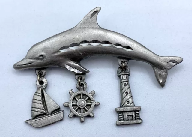 E2-1726 Vintage Brooch Pewter Pin 2.25" Animal Ocean Dolphin Fish Charms Boat