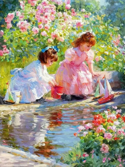 Two Girls playing with sailboats Oil painting Giclee Printed on canvas P1814
