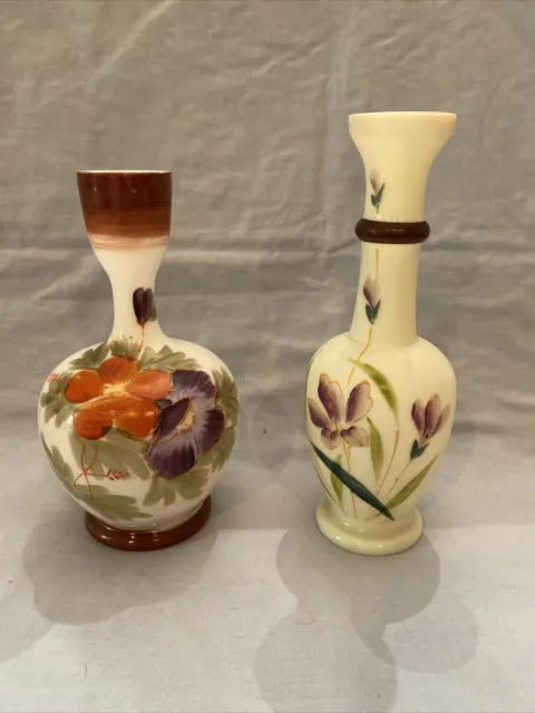 Pair Of Victorian Hand Painted Opaque Glass Vases