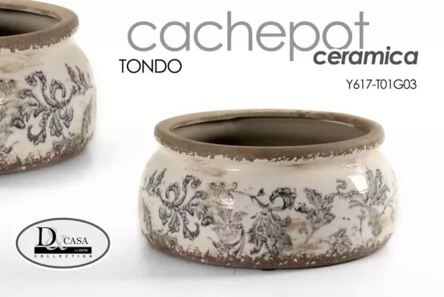 Vaso In Ceramica Tondo Cachepot 23*23*10 Cm Decoro Anticato Casa Exc-753435