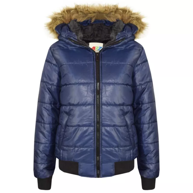 Giacche bambine blu navy Maya in finta pelliccia con cappuccio imbottiti 5-13 anni