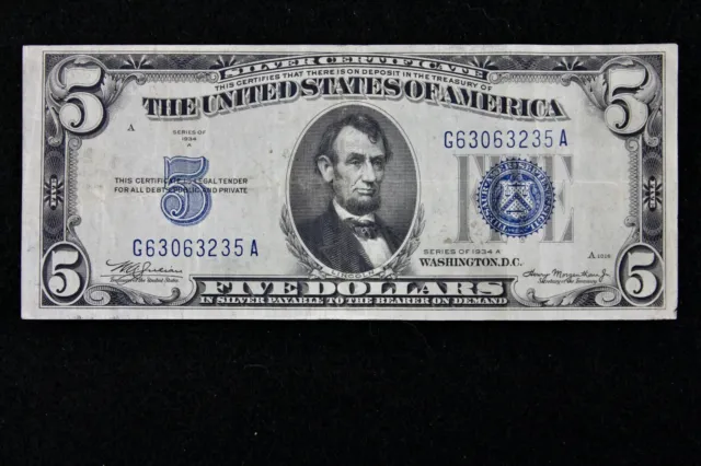 Tough $5 1934A Mule bp 901 blue seal Silver Certificate G63063235A series A