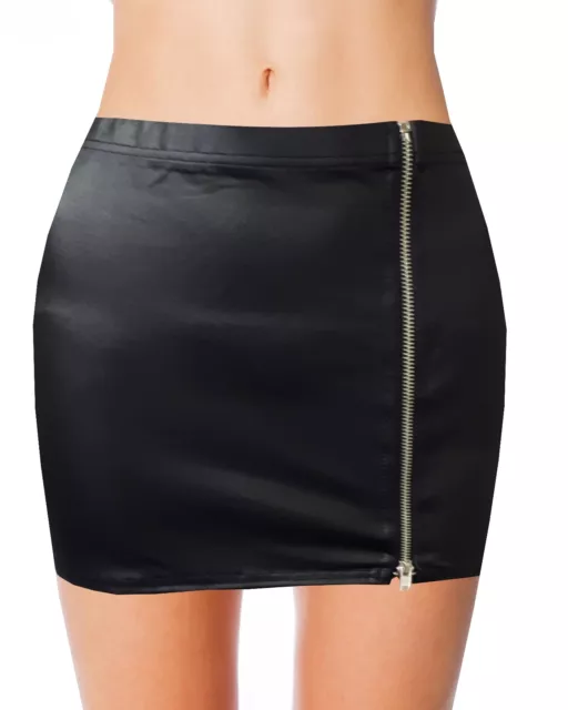 NEW LADIES WOMENS BLACK WETLOOK WITH FULL ZIP MICRO MINI SKIRT SIZE 4 To 24