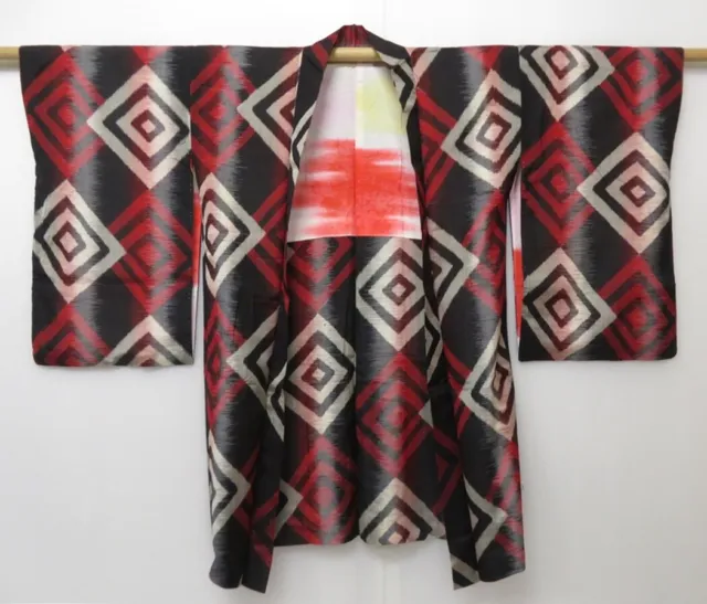 1424T05z470 Vintage Japanese Kimono Silk MEISEN HAORI Black Red