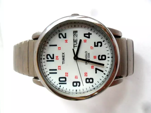 Clean Used 24 Hour Men's Timex Indiglo WR30 Day Date Quartz Watch All Original