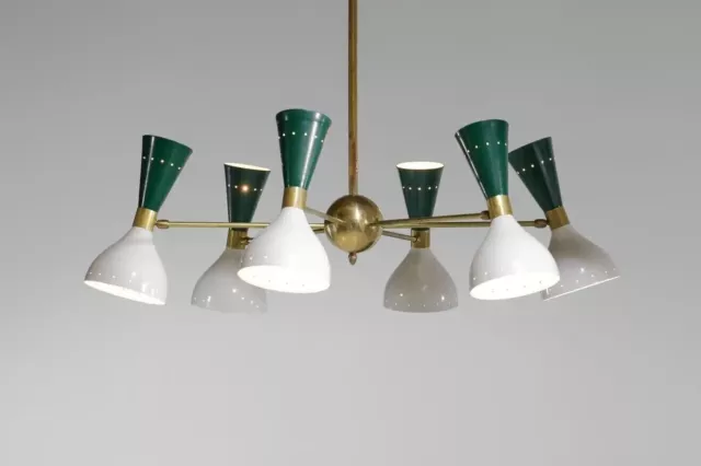 Lustre italien moderne "Pita" à 6 bras vert et blanc dans le style de Stilnovo