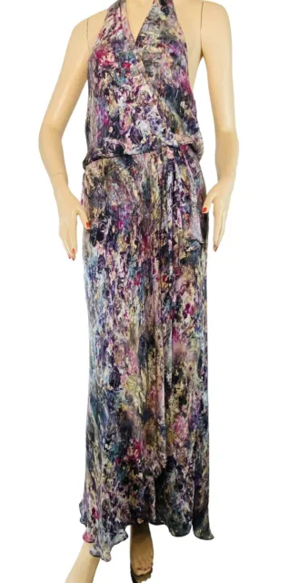 Gorgeous 100% Silk Haute Hippie Marbled Halter Long Maxi Dress Large Art To Wear