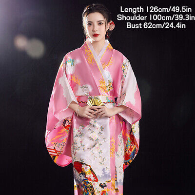 Japanese Lady Kimono Satin Floral Yukata Bride Nightgown Pajama Dress Costumes