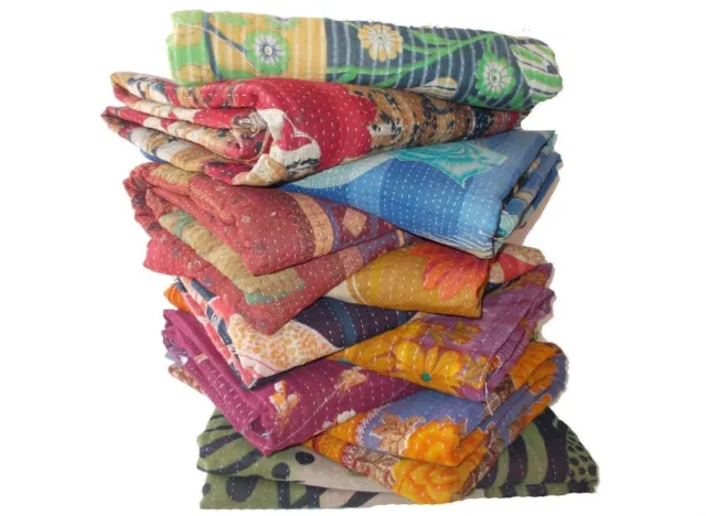 Indian Handmade Vintage Twin Kantha Quilt Patchwork Bedspread Throw Cotton Gudri