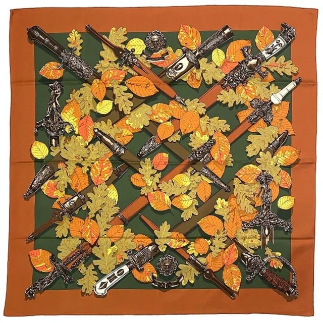 HERMES Scarf Carre 90 AU PLUS DRU 100% Silk Brown Green Multi Auth R7086