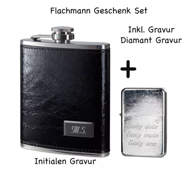 Flachmann Edelstahl 7oz Lederoptik + Benzinfeuerzeug Chrom SET mit Wunsch Gravur