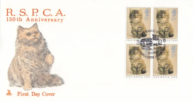 (110266) RSPCA Kittens block GB Mercury FDC Cat World Magazine Horsham 1990