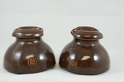 2 Vintage Dark Brown Glaze Ceramic Insulator “B” Ohio Brass Porcelain