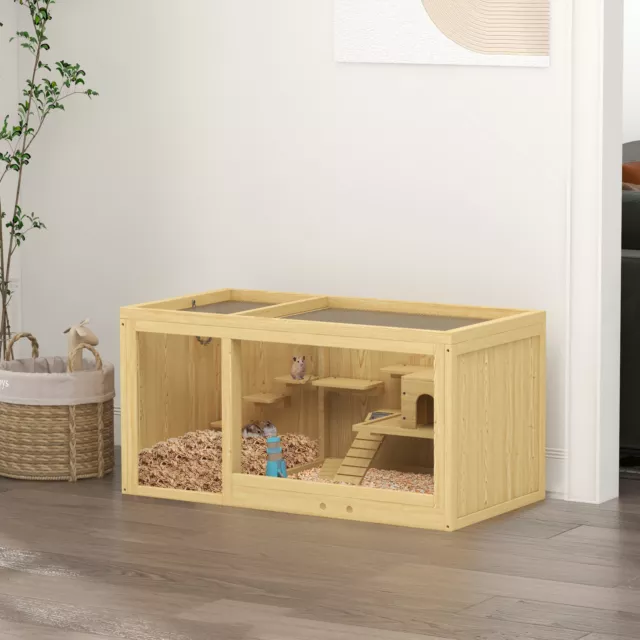 PawHut Hamsterkäfig aus Holz Kleintierkäfig Spielhaus für Gerbils mit Schaukeln