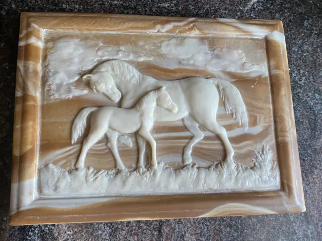 Vintage Dante Incolay Stone Mare & Colt Horse Framed Art Box Display