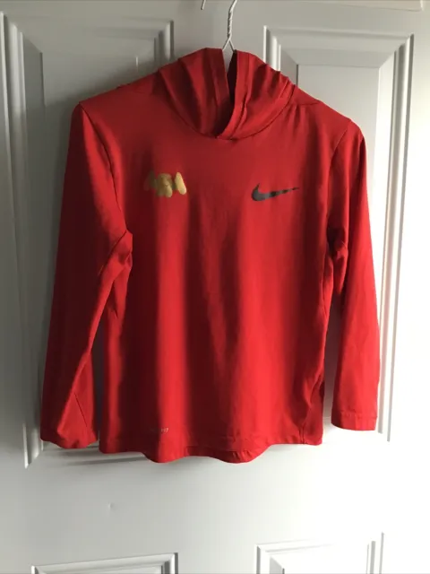 Nike Girls Dri Fit Long Sleeve Hooded Logo Pullover Red Hoodie Size Medium