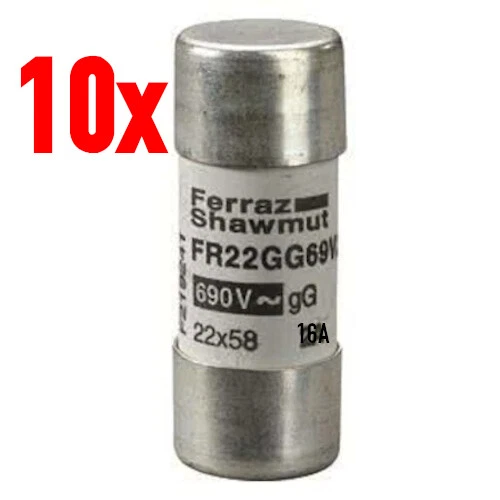 10x Keramiksicherung 22x58mm 16A 690V Gl-Gg Cylindre Fusible 22mm X 58 MM