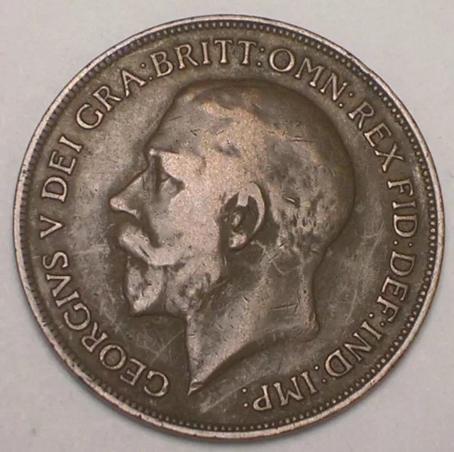 1917 UK Great Britain British One 1 Penny George V Coin VF+ 2