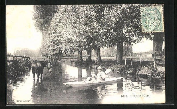 CPA Egly, Vue sur l´Orge, Mann im bateau avec seinem cheval 1906