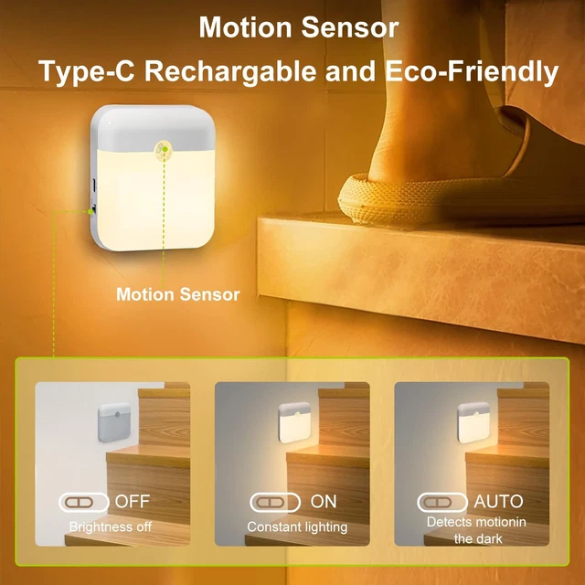 QIHANS MOTION SENSOR Night Light 2 Pack, USB Rechargeable LED Night ...