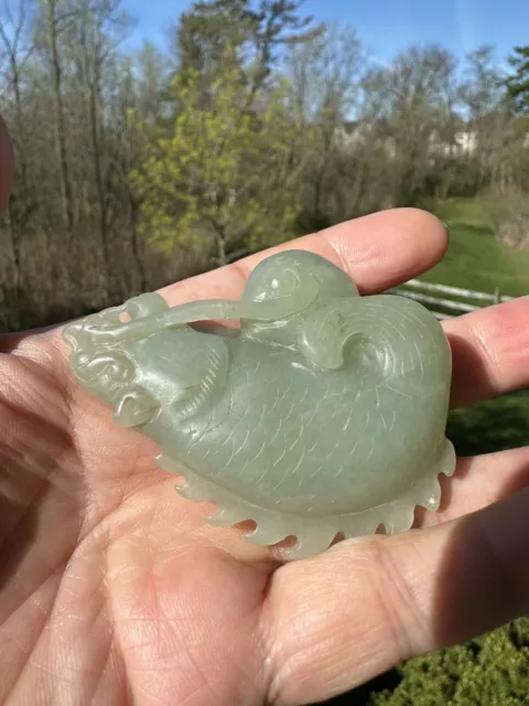 Chinese Antique Green Celadon Nephrite Jade Fish Carving Carp Figurine