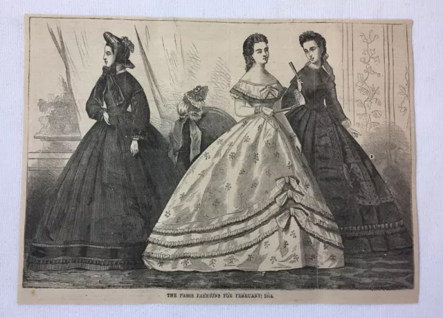 1864 Revista Grabado ~ Mujer París Fashions Para Febrero