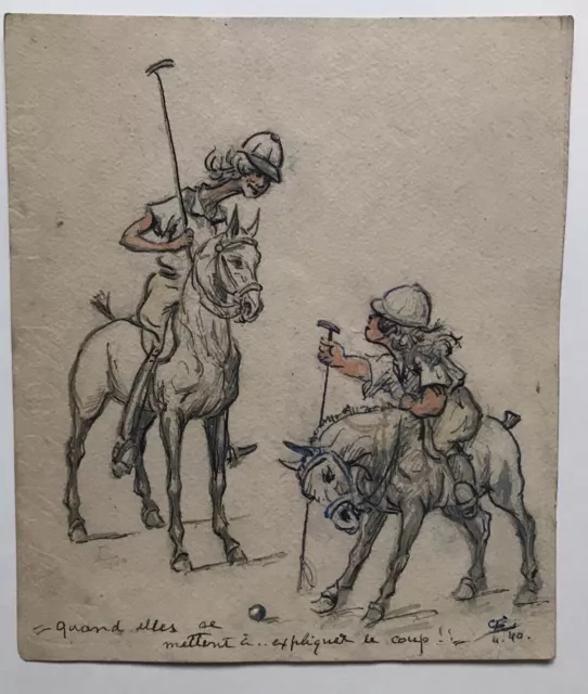 Dessin Ancien Original Mine de Plomb Portrait Femme Cheval Polo XXème Siècle