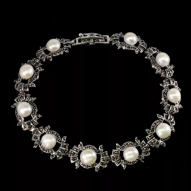 Round White Pearl 6.5mm Marcasite 925 Sterling Silver Bracelet 7.5 Inches
