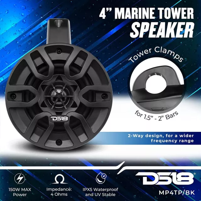 DS18 MP4TP.4A 4  HYDRO 4" Wakeboard Tower Speakers 600W With Amplifier Bluetooth 3