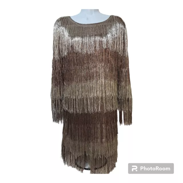 Free People Rachel Zoe Ballina Boat-Neck Metallic Fringe Sheath Cocktail Dress S