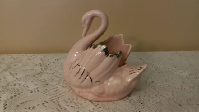 Holland Mold Iridescent Pink with Silver Accents Swan Planter Hand Painted