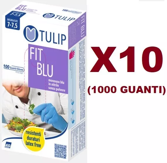 1000 Guanti Monouso In Nitrile Tulip Fit Blu M 7/7,5 Senza Polvere