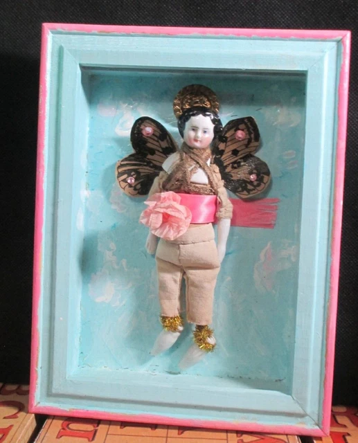 Antique German porcelain Angel doll fairy butterfly doll shadow box
