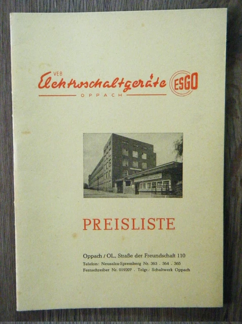 VEB ELEKTROSCHALTGERÄTE OPPACH ESGO Preisliste Schaltwerk Oppach DDR