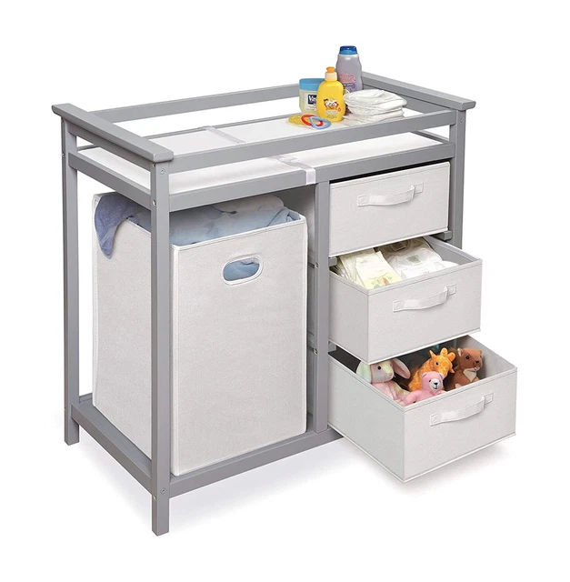 Modern Baby Changing Table w/ Laundry Hamper 3 Storage Baskets & Pad, Gray/White 3