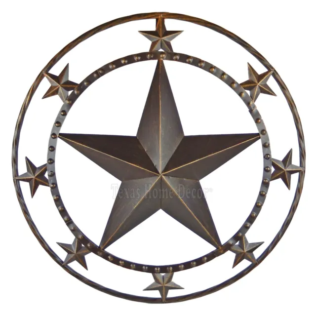 24" Metal Barn Star With Stars Studs Ring Wall Mounted Plaque Sign Rustic Brown
