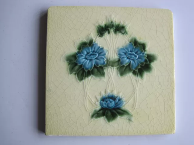 Antique 6" Moulded & Majolica Glazed Art Nouveau T. A. Simpson Tile C1870-1900